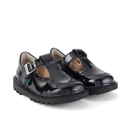 Front ¾ right of Infant Girls Kick T-Bar Patent Leather Black