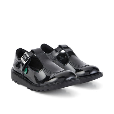 Front ¾ right of Junior Girls Kick T Bar Patent Leather Black