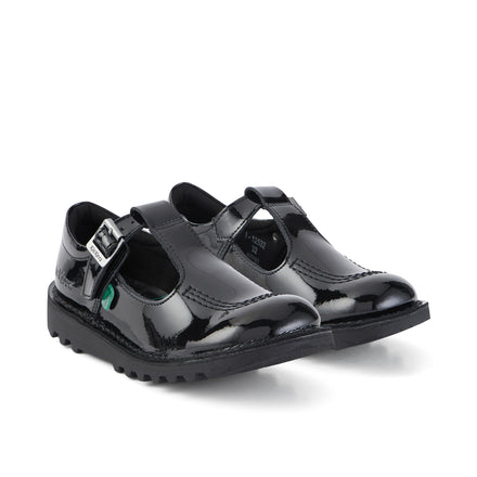 Front ¾ right of Junior Girls Kick T Bar Patent Leather Black
