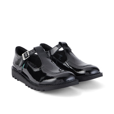 Front ¾ right of Youth Womens Kick T Bar Patent Leather Black