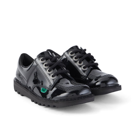 Front ¾ right of Junior Unisex Kick Lo Patent Leather Black