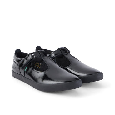 Front ¾ right of Youth Womens Kariko T Bar Patent Leather Black