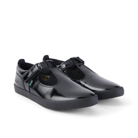 Front ¾ right of Youth Womens Kariko T Bar Patent Leather Black