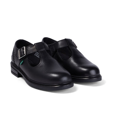 Front ¾ right of Junior Girls Lach T-Bar Leather Black