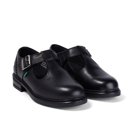 Front ¾ right of Junior Girls Lach T-Bar Leather Black