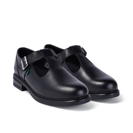 Front ¾ right of Youth Womens Lach T-Bar Leather Black