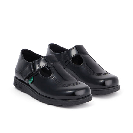 Front ¾ right of Junior Girls Fragma T-Bar Patent Leather Black