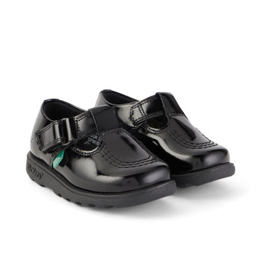 Front ¾ right of Infant Girls Fragma T-Bar Patent Leather Black