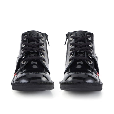 Front view of Junior Unisex Kick Hi Zip Patent Leather Black