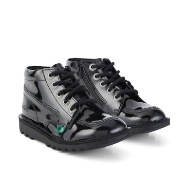 Front ¾ right of Junior Unisex Kick Hi Zip Patent Leather Black