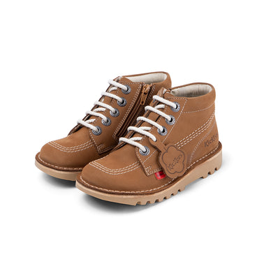 Front view of Junior Unisex Kick Hi zip Leather Tan
