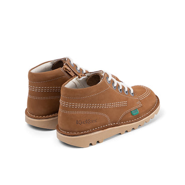 Front ¾ right of Junior Unisex Kick Hi zip Leather Tan