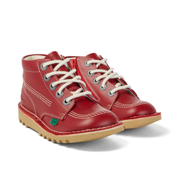 Front ¾ right of Junior Unisex Kick Hi Zip Leather Red