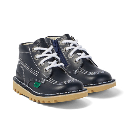 Front ¾ right of Infant Unisex Kick Hi Zip Leather Navy