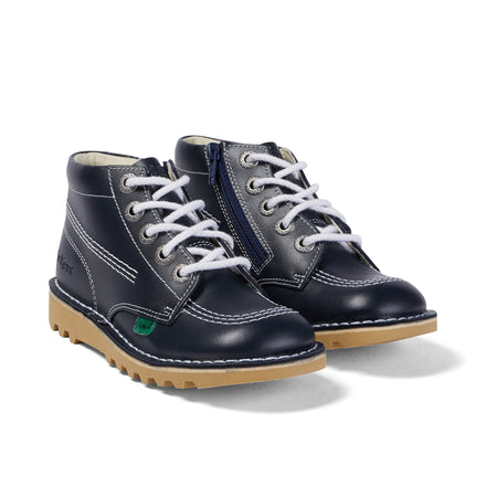 Front ¾ right of Junior Unisex Kick Hi Zip Leather Navy