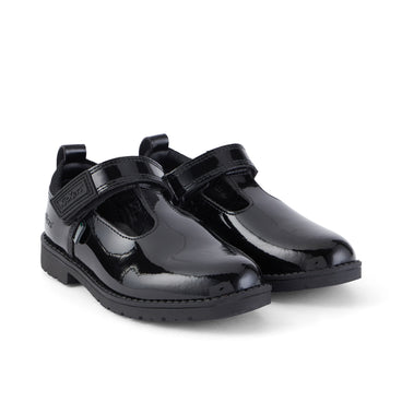 Front ¾ right of Infant Girls Lachly T Bar Patent Leather Black