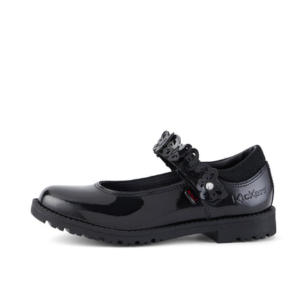 Left side view of Junior Girls Lachly Butterfly MJ Patent Leather Black