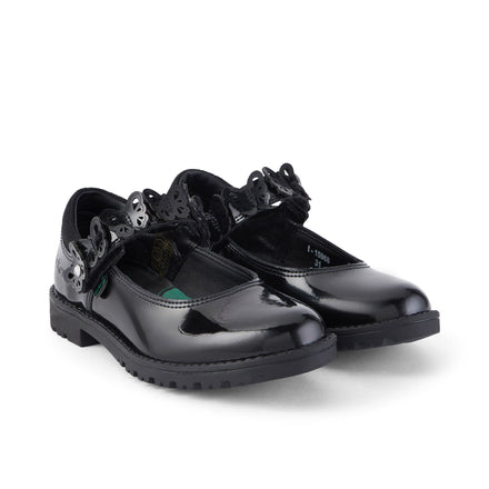 Front ¾ right of Junior Girls Lachly Butterfly MJ Patent Leather Black