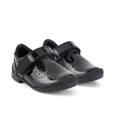 Front ¾ right of Infant Girls Bridie Brogue T-Vel Patent Leather Black