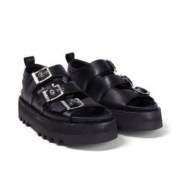 Front ¾ right of Adult Women's Knox Lo Buckle Leather Sandal Black