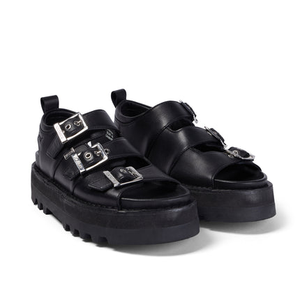 Front ¾ right of Adult Women's Knox Lo Buckle Leather Sandal Black