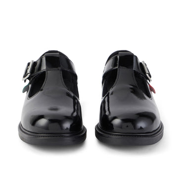 Front view of Junior Girls Lach T-Bar Patent Leather Black