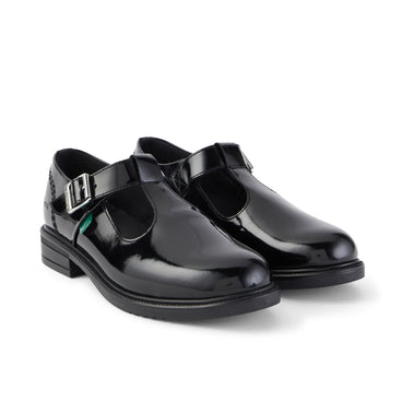 Front ¾ right of Youth Womens Lach T-Bar Leather Black