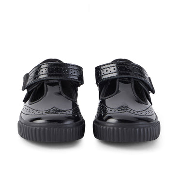 Front view of Infant Girls Tovni Brogue T-Bar Patent Leather Black