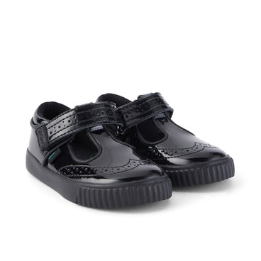 Front ¾ right of Infant Girls Tovni Brogue T-Bar Patent Leather Black