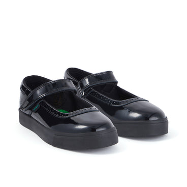 Front ¾ right of Junior Girls Tovni Brogue MJ Patent Leather Black