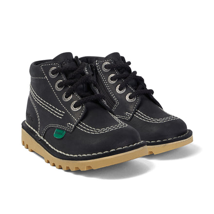 Front ¾ right of Junior Unisex Kick Hi Zip Leather Black/White