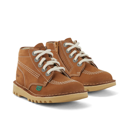 Front ¾ right of Infant Unisex Kick Hi Zip Nubuck Tan