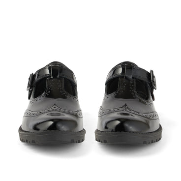 Front view of Youth Womens Lachly Brogue T Bar Patent Leather Black