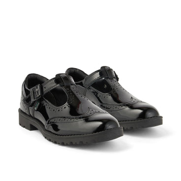 Front ¾ right of Youth Womens Lachly Brogue T Bar Patent Leather Black