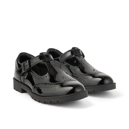 Front ¾ right of Youth Womens Lachly Brogue T Bar Patent Leather Black