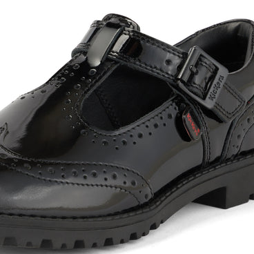 Detail view (close-up) of Youth Womens Lachly Brogue T Bar Patent Leather Black