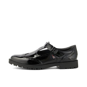 Left side view of Junior Girls Lachly Brogue T-Bar Patent Leather Black