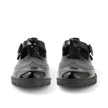 Front view of Junior Girls Lachly Brogue T-Bar Patent Leather Black