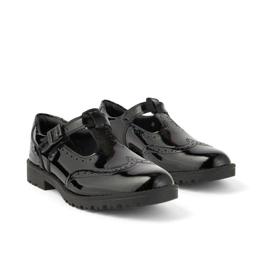Front ¾ right of Junior Girls Lachly Brogue T-Bar Patent Leather Black