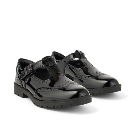 Front ¾ right of Junior Girls Lachly Brogue T-Bar Patent Leather Black