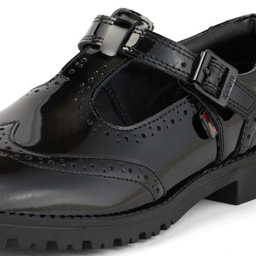 Detail view (close-up) of Junior Girls Lachly Brogue T-Bar Patent Leather Black