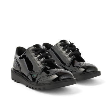 Front ¾ right of Youth Womens Kick Lo Brogue Patent Leather Black