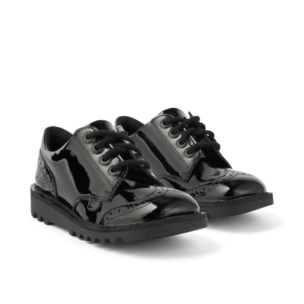 Front ¾ right of Youth Womens Kick Lo Brogue Patent Leather Black