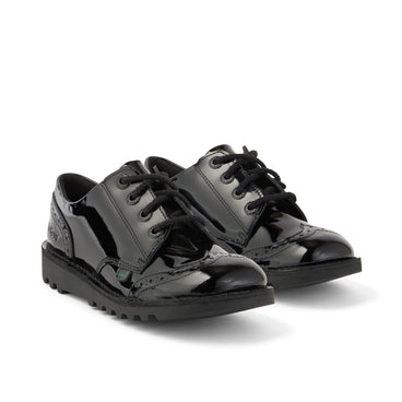 Front ¾ right of Junior Girls Kick Lo Brogue Patent Leather Black