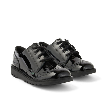 Front ¾ right of Junior Girls Kick Lo Brogue Patent Leather Black