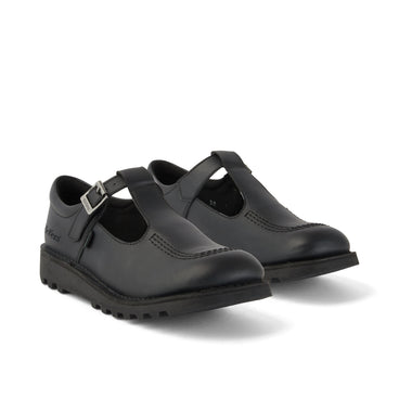 Front ¾ right of Youth Womens Kick T Bar Leather Alternative Black