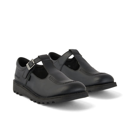 Front ¾ right of Youth Womens Kick T Bar Leather Alternative Black