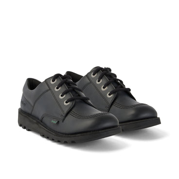 Front ¾ right of Youth Unisex Kick Lo Leather Alternative Black