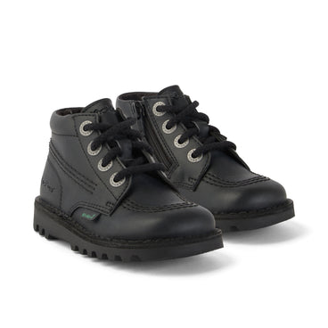 Front ¾ right of Infant Unisex Kick Hi Zip Leather Alternative Black