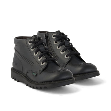Front ¾ right of Junior Unisex Kick Hi Zip Leather Alternative Black